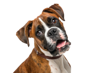 Curious boxer puppy looking sideways with tilted head. White background studio portrait.