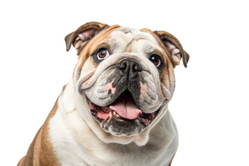 Obraz premium Studio portrait of a smiling English Bulldog with wrinkled face and tongue out on white background, close-up view of a happy and relaxed dog