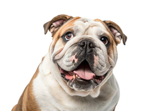 Studio portrait of a smiling English Bulldog with wrinkled face and tongue out on white background, close-up view of a happy and relaxed dog