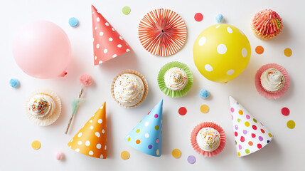 Kids’ birthday flat lay with noisemakers, polka-dot balloons, cupcakes and paper hats, cheerful and playful arrangement, isolated on transparent background 