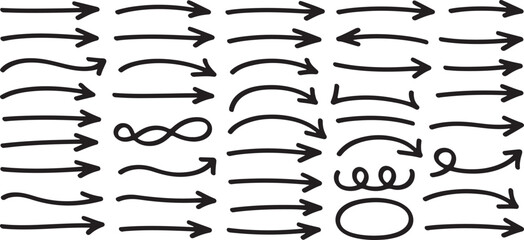Hand-drawn black arrows and shapes on white background including straight curved and looping arrow designs