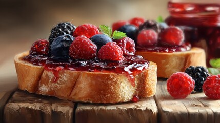 Delicious toasted bread topped with fruit jam and fresh berries on a wooden table