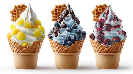 Three ice cream cones with different toppings and waffle cookies on a white background studio shot