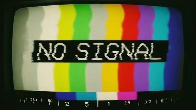 Retro TV screen with no signal text, vintage television color bars, glitchy analog broadcast error background 4K Video