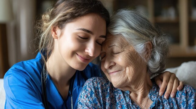 A compassionate caregiver in a blue uniform tenderly embraces an elderly patient offering comfort and care.