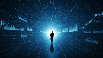 Silhouette of a business man walking toward bright light data graphs on the side blue futuristic setting