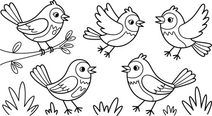 A charming collection of five cute cartoon birds in various poses some perched on a branch and others in flight with simple grass elements isolated on transparent background