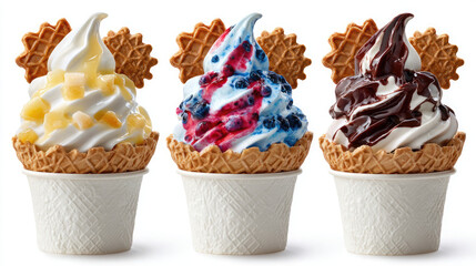 Three ice cream cups with different toppings and waffle cookies on a white background in a studio shot