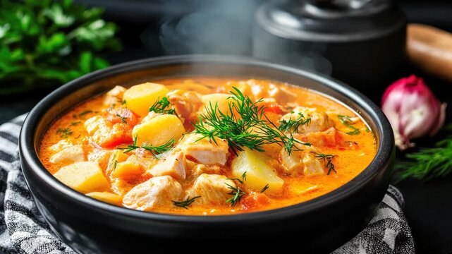 Delicious chicken stew features tender meat and hearty vegetables, infused with aromatic herbs for a satisfying meal anytime