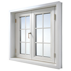 A white double casement window with multiple panes isolated on a transparent background