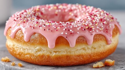   A zoom-in of a doughnut with pink frosting and colorful sprinkles adorning a table surface