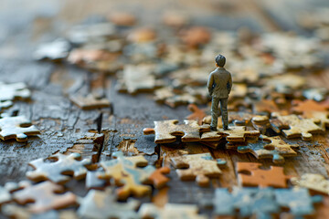 Small figure stands contemplatively among scattered puzzle pieces on a wooden surface