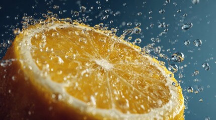 A close-up shot of a lemon wedge, with water droplets spraying off of it.