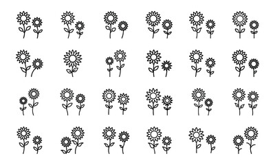Hand-Drawn Flower Icon Bundle Featuring Lotus, Rose, Lily, Sunflower, Hibiscus, and Other Blooming Floral Designs in Minimal Line Style — Perfect for Web, Botanical Logos, and Nature-Themed UIUX Proje