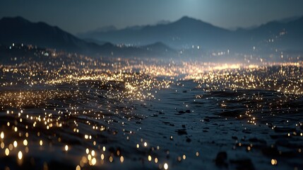   Blurry photo of city skyline at night, featuring illuminated water and mountain range in background