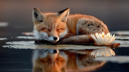   A fox resting atop water with a flower in its mouth