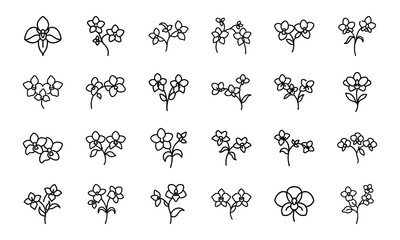Hand-Drawn Flower Icon Bundle Featuring Lotus, Rose, Lily, Sunflower, Hibiscus, and Other Blooming Floral Designs in Minimal Line Style &mdash; Perfect for Web, Botanical Logos, and Nature-Themed UIUX Proje