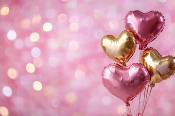 St. Valentine's day love, romance and passion concept. Pink and golden foil balloons and a gift box on festive bokeh background with copy space