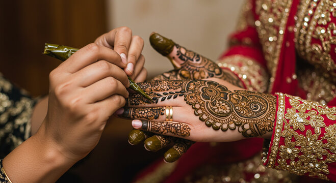 Close-up of henna being applied to a bride's hands, adorned with intricate mehndi designs, during a wedding ceremony.