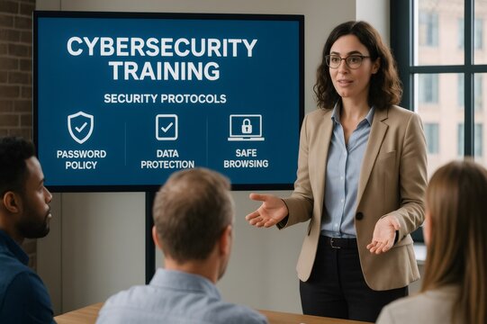 Business professionals attending a cybersecurity training session, focusing on password policy, data protection, and safe browsing practices - Powered by Adobe