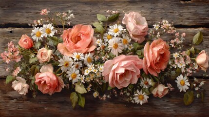 Peach roses, daisies, and wildflowers arranged on rustic wood.