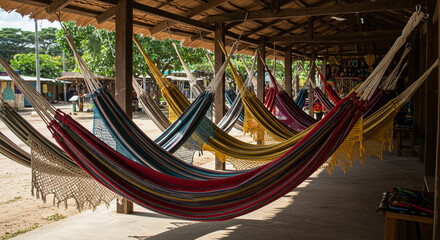 Row of colorful hammocks hanging under a thatched roof structure in a tropical outdoor setting, suggesting relaxation and leisure.