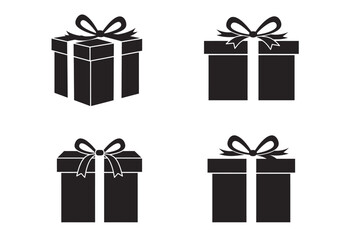 Collection of four stylized gift box icons with ribbons