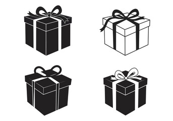 Collection of four stylized gift box icons with ribbons