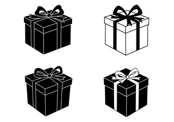 Collection of four stylized gift box icons with ribbons