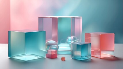 Abstract frosted glass geometric shapes on soft pastel background, modern minimalistic digital art