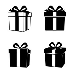 Collection of four stylized gift box icons with ribbons