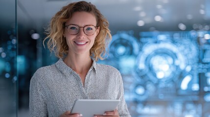 A portrait headshot photo of a friendly professional CEO executive business worker: A smiling businesswoman analyzes data on a tablet while standing in front of a holographic display showcasing c