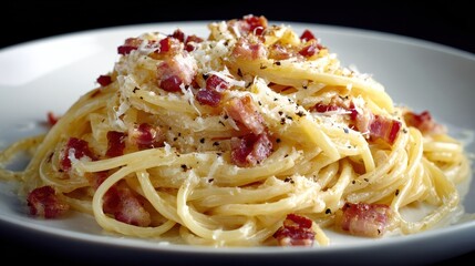 Creamy carbonara pasta dish with bacon and parmesan cheese on a white plate.