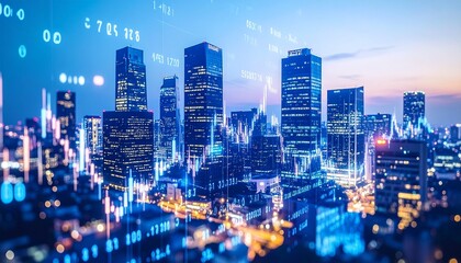 Blurred Cityscape at Dusk with Stock Ticker Overlay for Global Finance and Economic Ecosystem Visuals