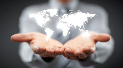 A business professional holding a glowing world map in hands, symbolizing global reach.