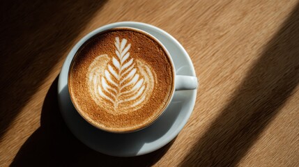Cappuccino coffee with latte art in a white cup on a wooden table, in a top view. An aerial view of latte art in a cappuccino coffee with intricate details captured in natural lighting, suitable for 