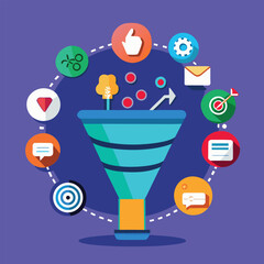 Colorful funnel diagram with icons illustrating marketing and conversion processes on a vibrant purple background