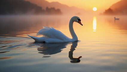 Fototapeta premium swan on the lake at sunset