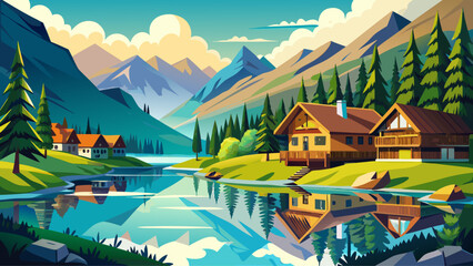 Uzungöl, Trabzon, Turkey – Mirror-like lake sits calmly in a valley of pine-covered mountains. Traditional wooden houses dot the landscape, making Uzungöl a tranquil scene perfect for vector scenery.
