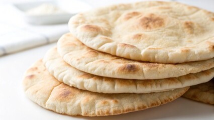 Freshly Baked Traditional Pita Bread Isolated on White Background - Middle Eastern Cuisine Concept with Close-Up Detail of Delicious Flatbread for Healthy Snack Options and Mediterranean Diet