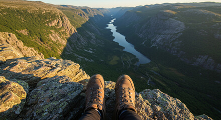 Person's feet wearing hiking boots overlooking a deep valley with a river running through it, surrounded by green vegetation and mountains under a clear sky.
