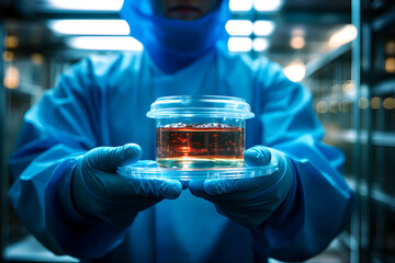 Scientist wearing protective gear holds container with liquid sample in laboratory during research procedures