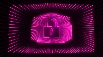  glowing neon cyber security concept , purple Neon sign lock technology icon animation. - Powered by Adobe