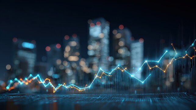 Business graph chart with glowing line on stock trade market. Growth investment with buildings in background. Generative AI financial datum analysis, exchange currency information with modern