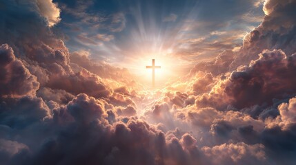 Christian Easter concept with a radiant cross in the sky symbolizing faith in Jesus Christ salvation and eternal life