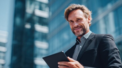Naklejka premium Smiling businessman using tablet computer in front of modern office building on a sunny day