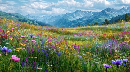 Fototapeta premium A vibrant meadow filled with colorful wildflowers and lush green grass, perfect for nature lovers and landscape enthusiasts.