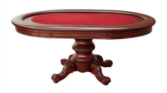 Elegant oval poker table with a rich wooden finish and red felt surface, featuring a sturdy pedestal base design for card games and gatherings.