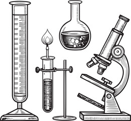 Vintage Science Lab Equipment and Microscope Vector Illustration – Chemistry and Biology Research Tools © Md HALIM