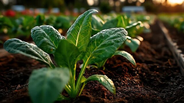A field of young spinach plants with droplets on leaves gleam in the sunlight